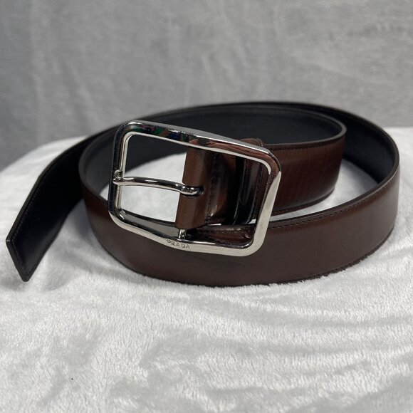 Prada Mens Leather Belt With Silver Tone Buckle Size 36 Made in Italy - Picture 1 of 9